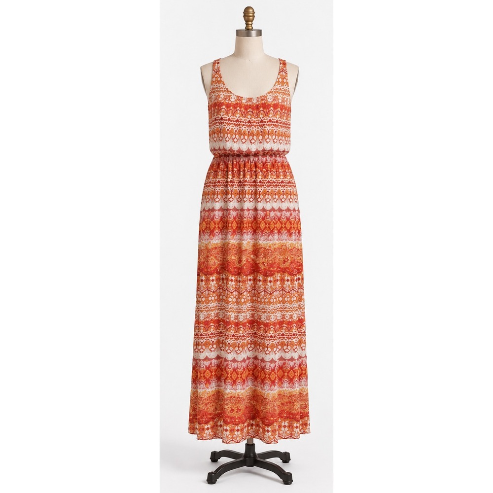 Allison Brittney BOHO Maxi Dress Womens XL Orange Chevron Sleeveless Festival